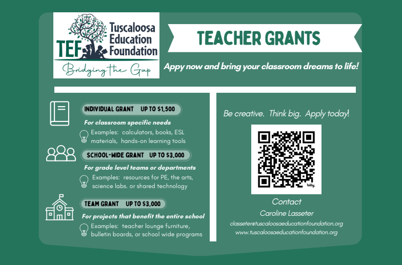 Tuscaloosa Education Foundation Teacher Grants flyer promoting individual, school-wide, and team grants up to $3,000. Includes QR code and contact info for applications.